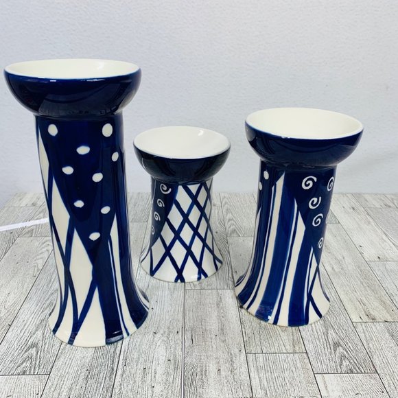 VTG Set of 3 Pacific Rim Candle Holders Blue White Ceramic Taper Candlestick - Picture 14 of 14